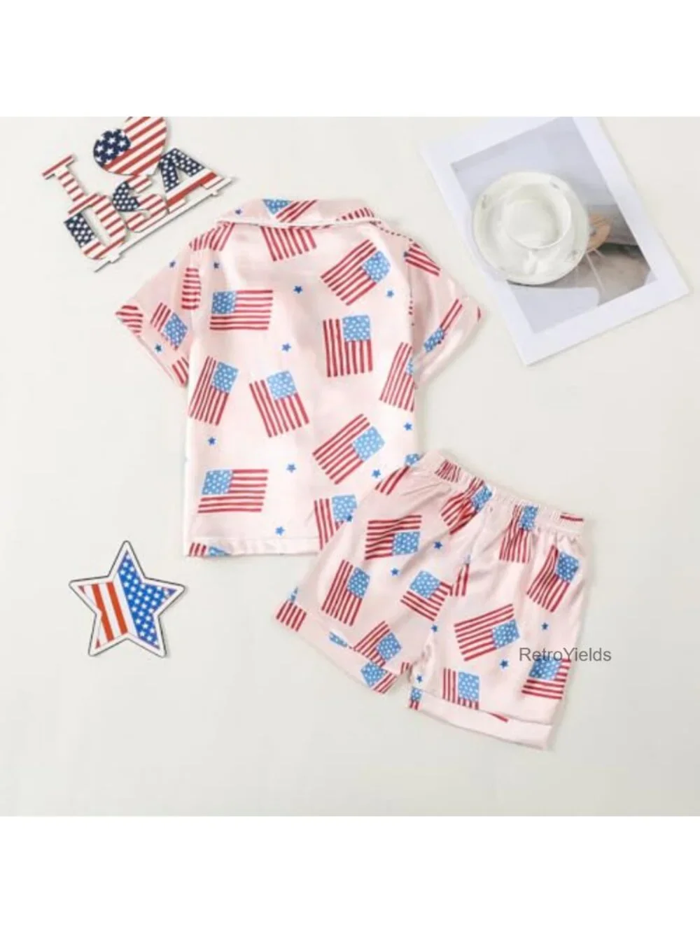 Kids 4th of July Pajama Set Button Top Shorts Sleepwear